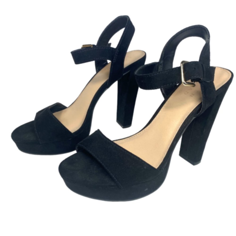 Women's LC Lauren Conrad Bow Black Ankle Strap High Heel Open Toe Shoes Size 8 M